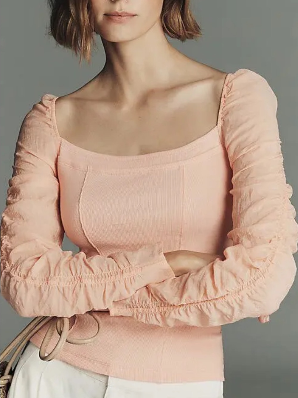 Anthropologie Peach Ruched Long-Sleeve Square-Neck Top
